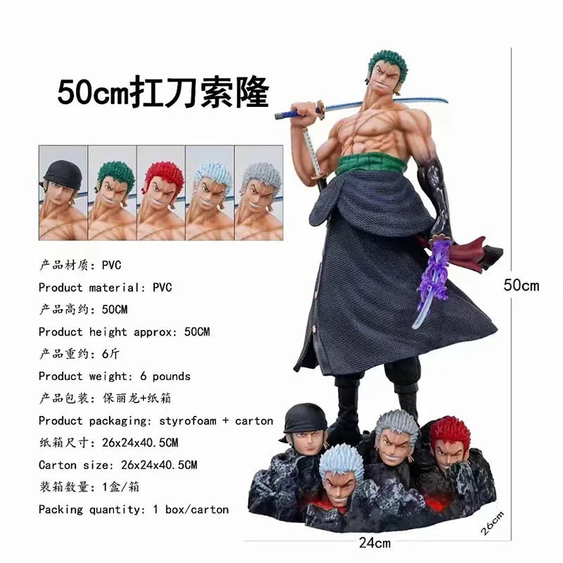 50cm One Piece Anime Carrying Knife Roronoa Zoro 5 Interchangeable Heads Collectible Statue Model Figure Ornament Adult Gifts